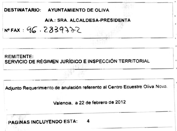 Notificacin de requerimiento de Consellera al Ayuntamiento de Oliva