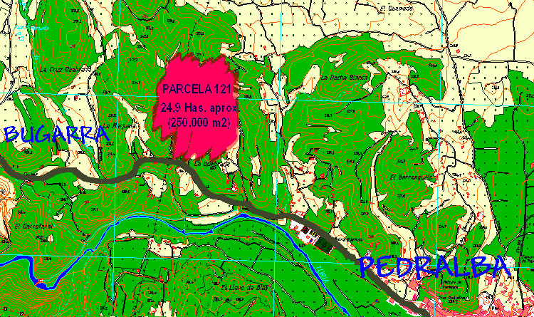 Localizacin entre los trminos de Bugarra y Pedralba donde a sido agredido el monte y rea aproximada del mismo (65765 bytes)
